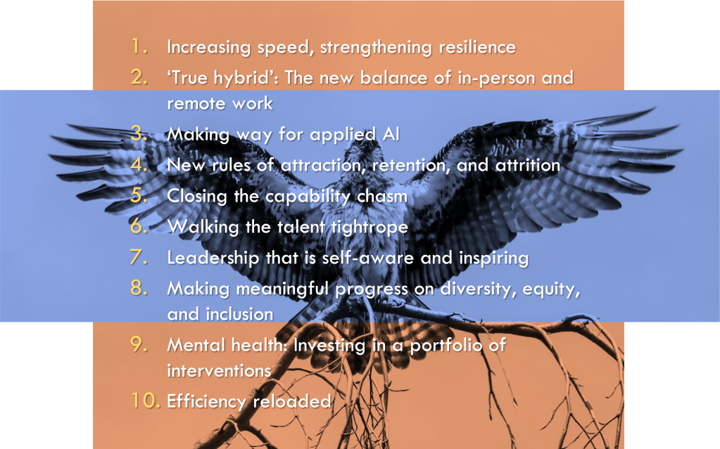 Increasing speed, strengthening resilience

‘True hybrid’: The new balance of in-person and remote work

Making way for applied AI

New rules of attraction, retention, and attrition

Closing the capability chasm

Walking the talent tightrope

Leadership that is self-aware and inspiring

Making meaningful progress on diversity, equity, and inclusion

Mental health: Investing in a portfolio of interventions

Efficiency reloaded