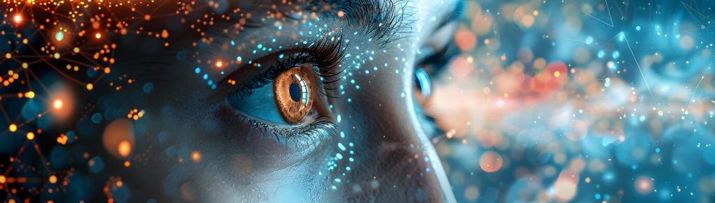 Close-up of a human eye surrounded by glowing data points and digital networks, symbolizing advanced technology and AI-driven insights.