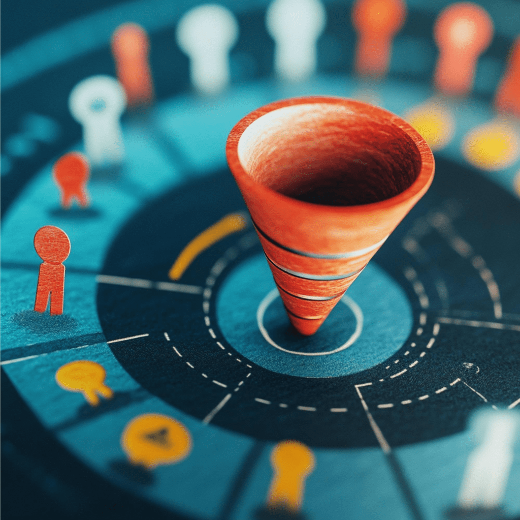 Conceptual image of a marketing funnel placed at the center of a circular segmentation map, surrounded by stylized customer icons. The visual represents a Go-To-Market segmentation reset, where GTM leaders shift from broad ICP-based targeting to identifying the Minimum Viable Segment (MVS) through Jobs-To-Be-Done insights. The funnel highlights the need to focus on buyers sharing the same struggling moment and urgency rather than demographic attributes.