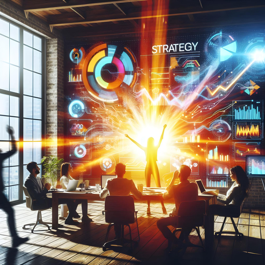 Illustration of a breakthrough strategy moment in a modern meeting room. A team sits around a table reviewing digital dashboards with data, charts, and analytics, while a central figure stands illuminated by a bright burst of light, symbolizing the discovery of the Minimum Viable Segment (MVS). The glowing visuals represent clarity emerging from complex customer insights, Jobs-To-Be-Done (JTBD) interviews, and the identification of a shared struggling moment that realigns Go-To-Market segmentation.