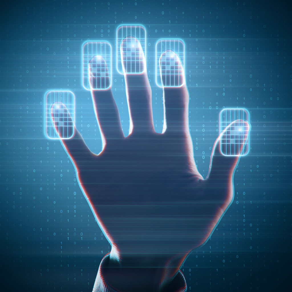A close-up of a human hand interacting with a glowing blue digital biometric interface, featuring illuminated scanner pads on the fingertips against a background of binary code. Symbolizes the executive mandate and the 'human-in-the-loop' requirement for successful AI business transformation.