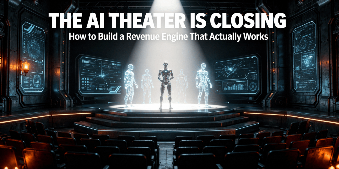A futuristic empty theater with a spotlight shining on glowing robotic AI silhouettes, featuring the headline 'The AI Theater is Closing: How to Build a Revenue Engine That Actually Works' by Emmanuel Obadia. Concept representing the shift from AI hype to business value realization