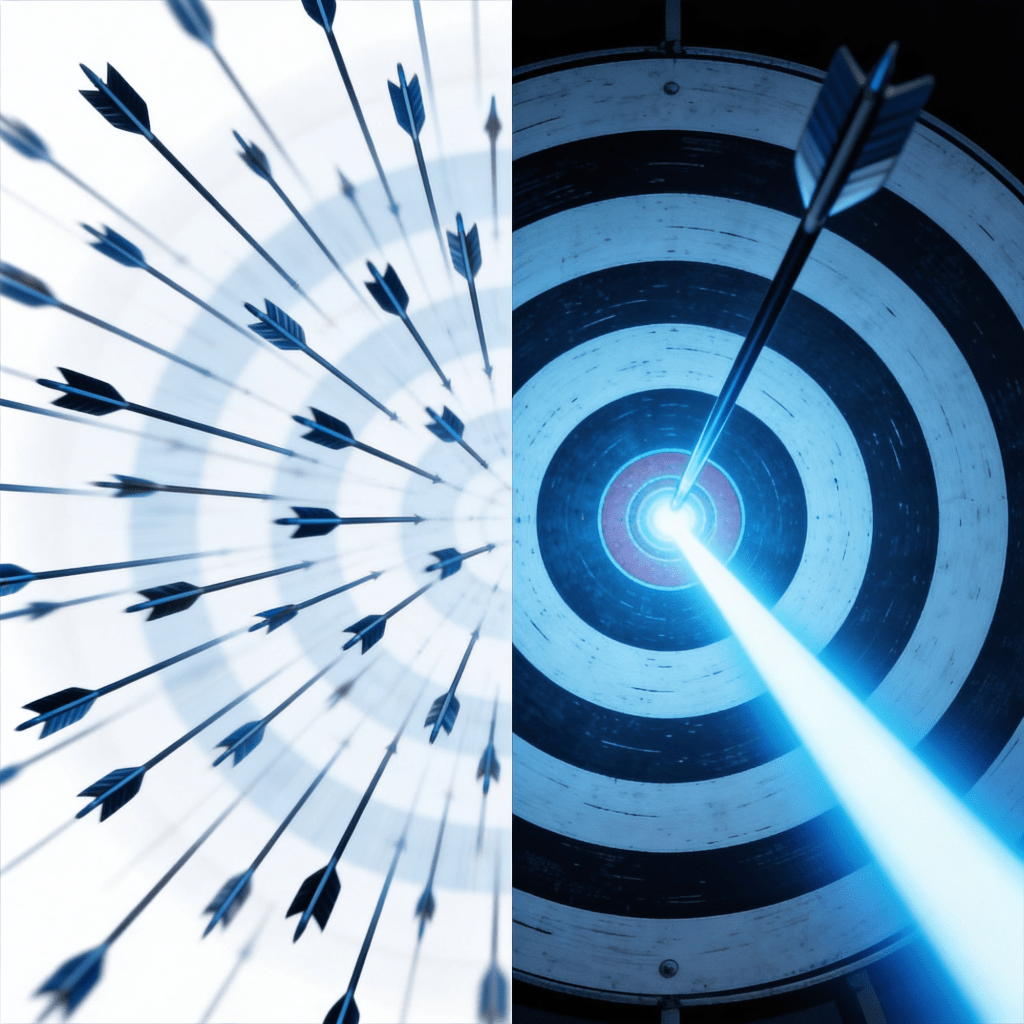 A split-screen comparison illustrating Go-To-Market strategy. Left side: A blurry, white background with scattered arrows missing a target, representing 'Fuzzy GTM.' Right side: A dark, sharp bullseye hit by a single, powerful glowing blue laser beam, representing the 'Minimum Viable Segment' (MVS) approach.