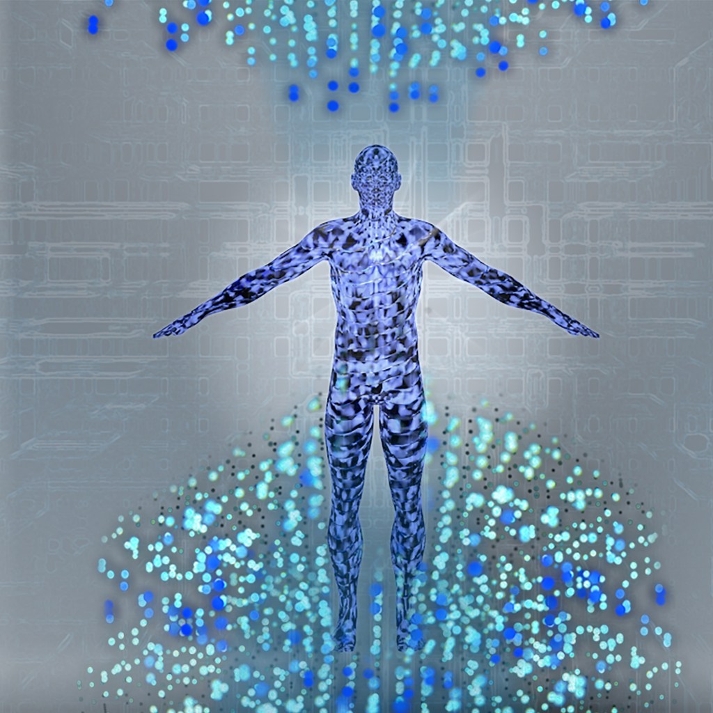 A digital human silhouette composed of glowing blue data particles and neural network patterns, representing the shift to the 'Agentic Future.' The abstract visualization shows autonomous AI agents synthesized from data flows, symbolizing the 'no-click' era of generative engine optimization (GEO). Strategic visual for Emmanuel Obadia's analysis of AI workflow redesign
