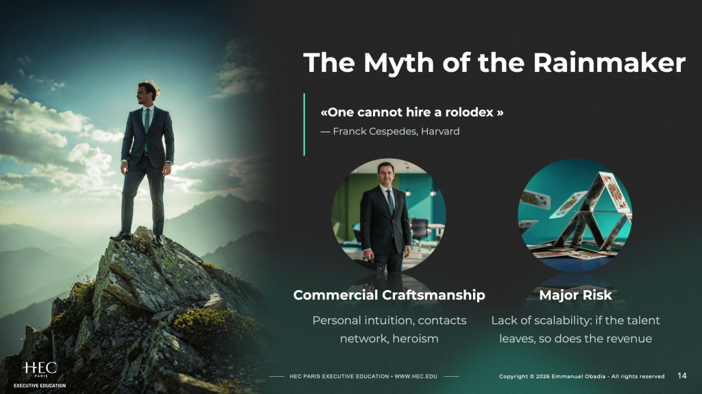 Executive Education slide illustrating the risk of hero-dependent sales models. A lone business figure stands on a mountain peak beside the title “The Myth of the Rainmaker,” highlighting that when talent leaves, revenue can leave too.