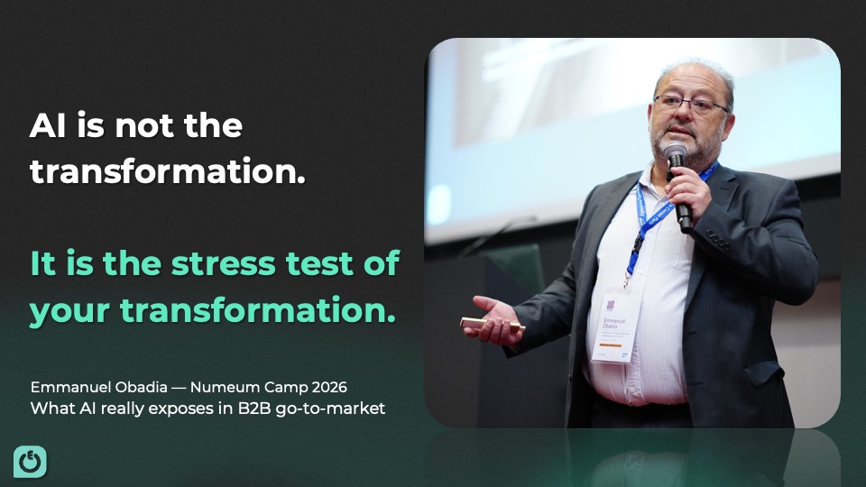 Emmanuel Obadia speaking on stage at Numeum Camp 2026, with the headline “AI Is Your GTM Stress Test,” introducing a blog post about how artificial intelligence exposes weaknesses in B2B go-to-market strategy.